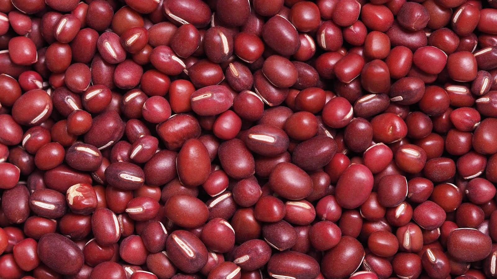 A close-up of dried red adzuki beans filling the frame, a classic pantry staple.