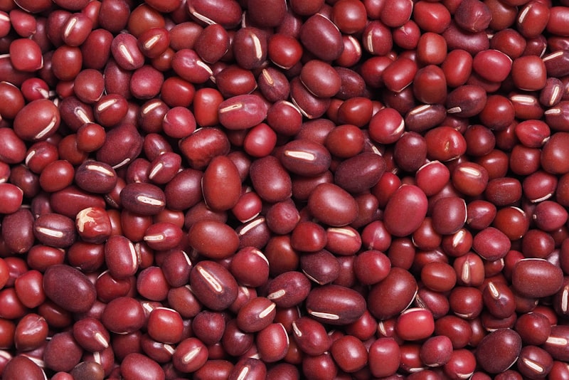 A close-up of dried red adzuki beans filling the frame, a classic pantry staple.